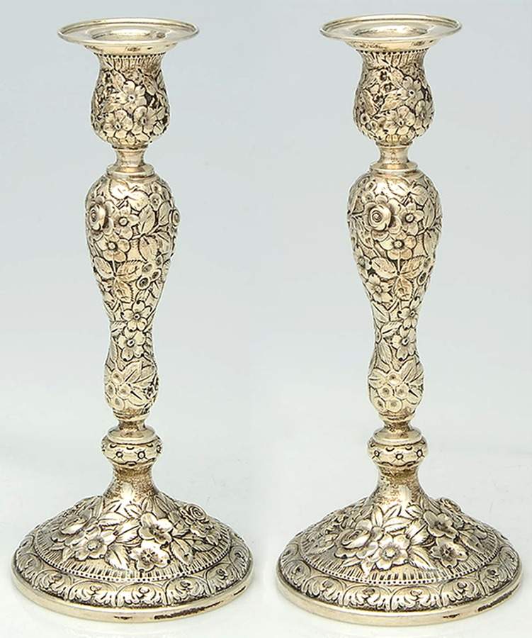 Baltimore Rose (Sterling, Hollowware) Pair of Weighted Candlesticks with Bobeche by Schofield-1