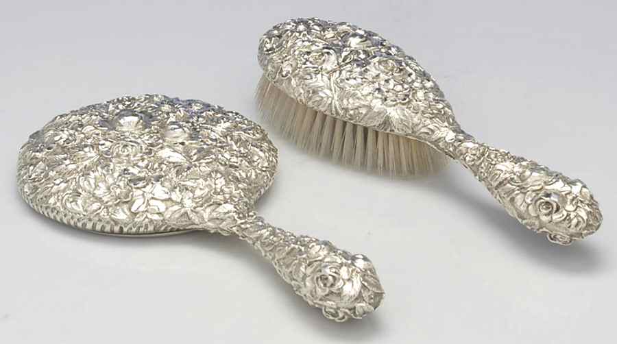 Baltimore Rose (Sterling, Hollowware) 2 Pc Vanity Set (Hair Brush and Mirror) by Schofield-1
