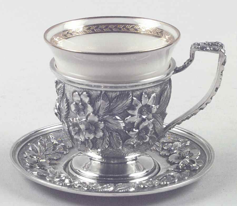 Baltimore Rose (Sterling, Hollowware) Sterling Demitasse Cup, Saucer and Liner by Schofield-1