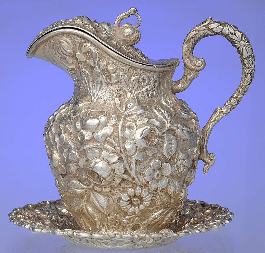 Baltimore Rose (Sterling, Hollowware) Syrup Pitcher with Hinged Lid and Underplate by Schofield-1