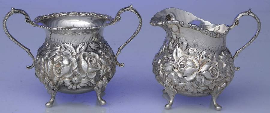 Baltimore Rose (Sterling, Hollowware) Mini Creamer and Open Sugar Set by Schofield-1