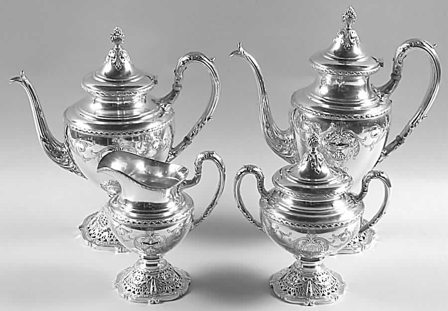 Adam (Sterling, 1909, Hollowware) 4 Piece Tea Set (SCP, STP, SCR, SSU) by Shreve Silver-1