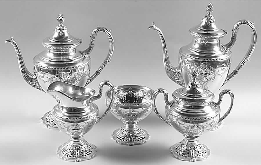 Adam (Sterling, 1909, Hollowware) 5 Piece Tea Set (SCP, STP, SCR, SSU, SWB) by Shreve Silver-1