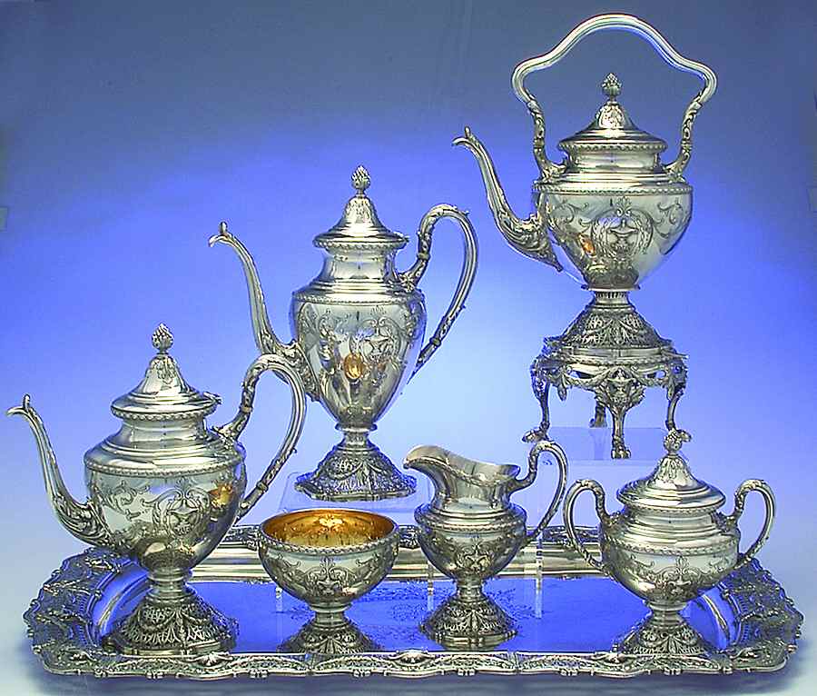 Adam (Sterling, 1909, Hollowware) 7 Piece Tea Set (SCP, STP, SCR, SSU, SWB, SKES & WTL) by Shreve Silver-1