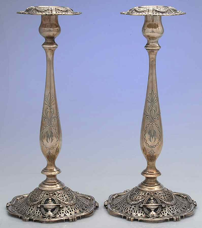 Adam (Sterling, 1909, Hollowware) Pair of 13" Weighted Candlesticks by Shreve Silver-1
