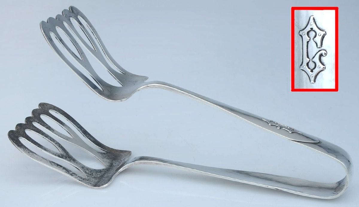 Antique (Sterling, 1904) Solid Piece Aspragus Tongs by Shreve Silver-1