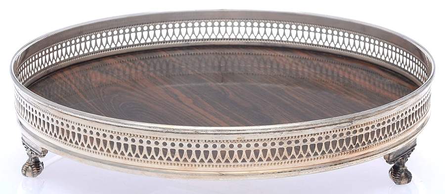 Silverplate Hollowware 12" Gallery Tray with Brown Lucite Center by Sheffield Silver Co (USA)-1