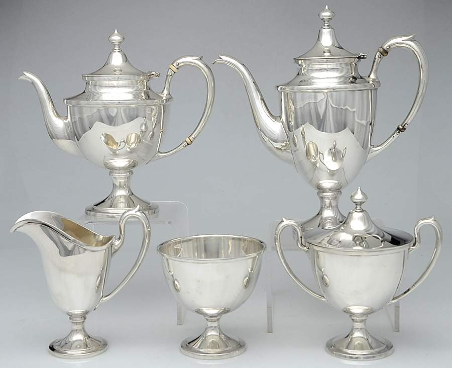 1900 (Sterling, Hollowware) 5 Piece Tea Set (SCP, STP, SCR, SSU, SWB) by Schofield-1