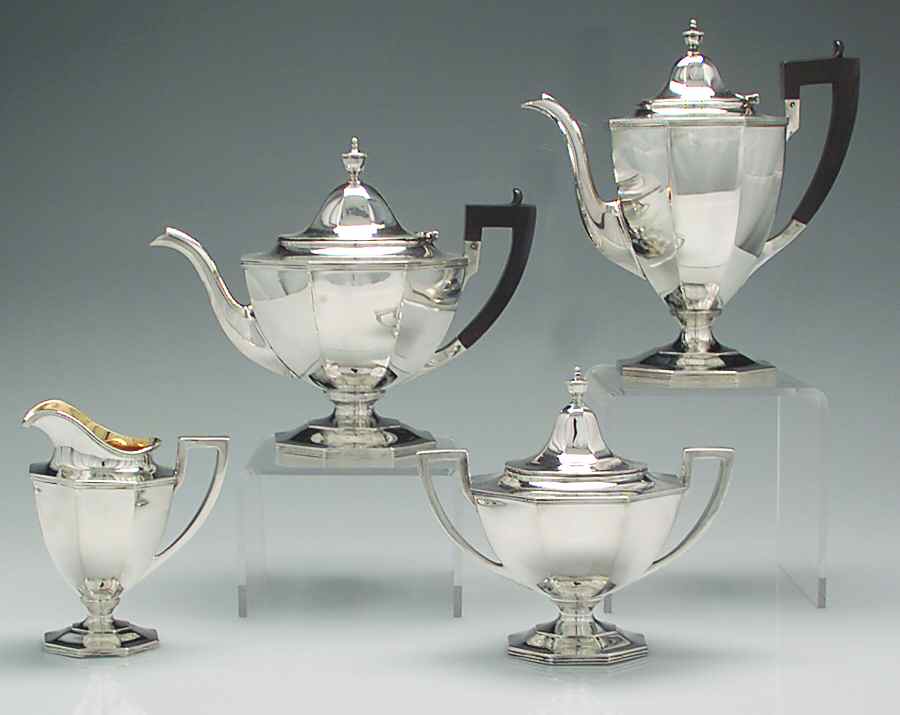 B40 (Sterling, Hollowware) 4 Piece Tea Set (SCP, STP, SCR, SSU) by Shreve Crump & Low-1