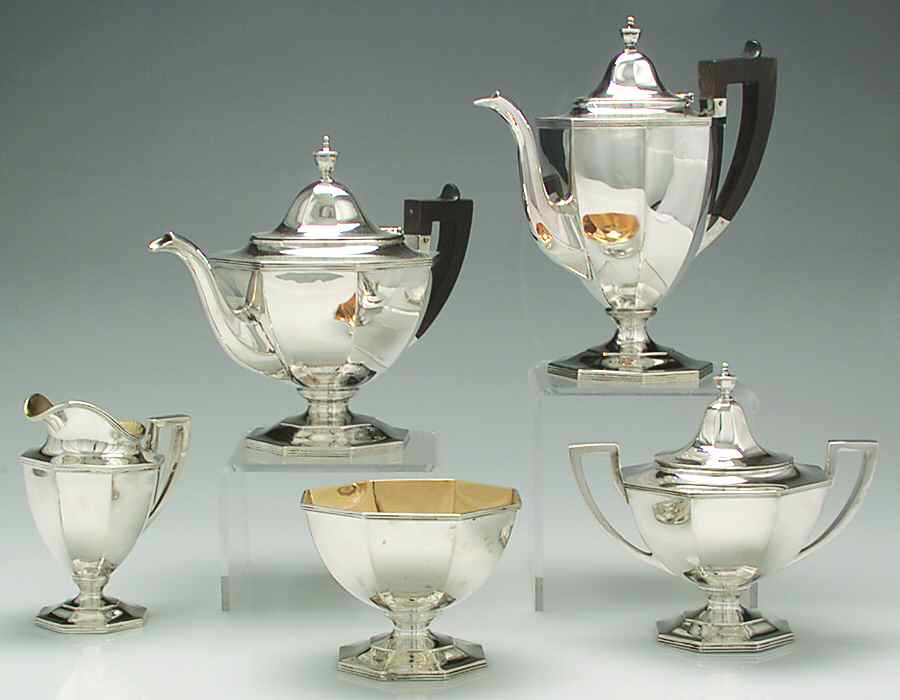 B40 (Sterling, Hollowware) 5 Piece Tea Set (SCP, STP, SCR, SSU, SWB) by Shreve Crump & Low-1
