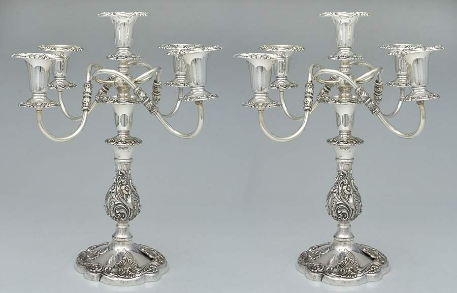 Rococco (Silverplate, Hollowware) Pair of Large 5 Light Candelabras by Sheffield Silver Co (USA)-1