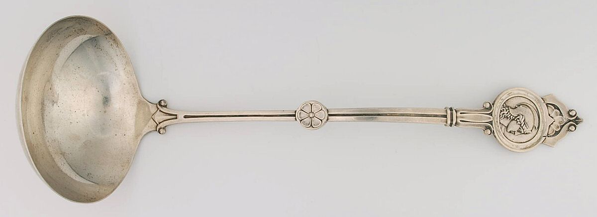 Medallion (Sterling-Coin, 1870) Large Solid Soup Ladle by Schulz & Fischer-1