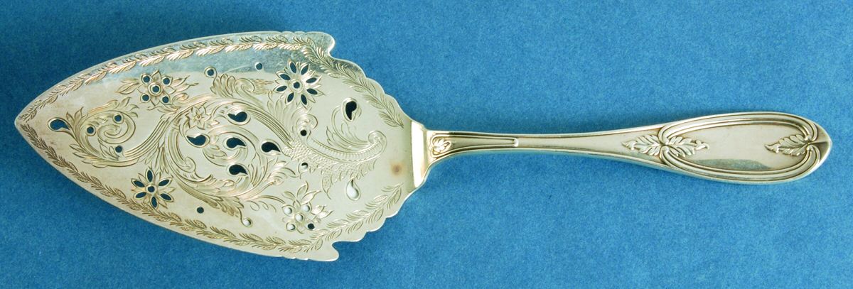 Olive (Sterling) Large Solid Bright Cut Pie Knife by Shreve Silver-1