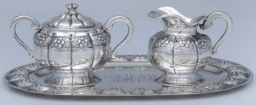 SBN2 (Sterling, Hollowware) 3 Piece Mini Creamer, Sugar with Lid & Oval Tray Set by Sanborns (Mexico)-1