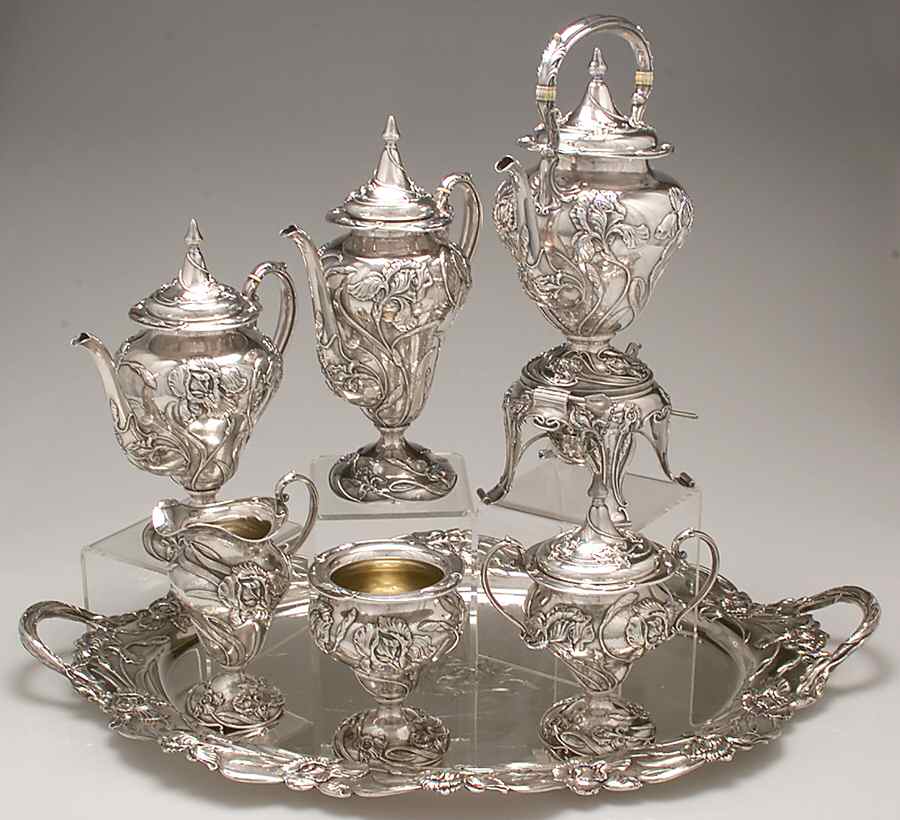SHR13 (Sterling, Hollowware) 7 Piece Tea Set (SCP, STP, SCR, SSU, SWB, SKES & WTL) by Shreve Silver-1