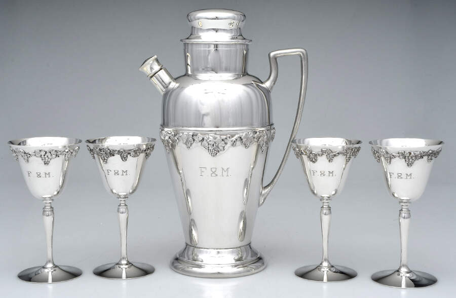 SHC7 (Silverplate, Hollowware) 5-Piece Martini Set (Shaker and 4 Cups) by Sheffield Silver Co (USA)-1