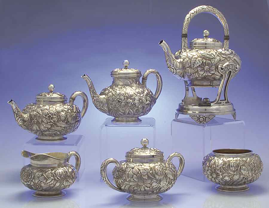 SHR15 (Sterling, Hollowware) 6 Piece Tea Set (SCP, STP, SCR, SSU, SWB, SKES) by Shreve Silver-1