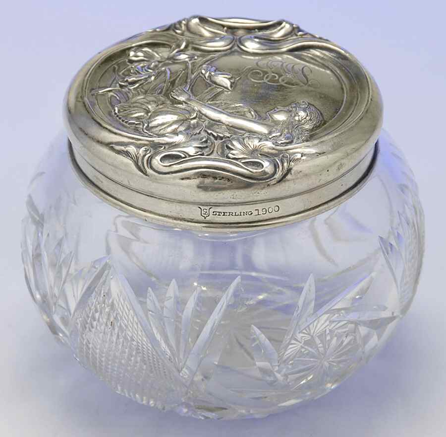 Sterling Hollowware Powder Jar, Crystal Bowl and Sterling Lid by Simons Bros -1