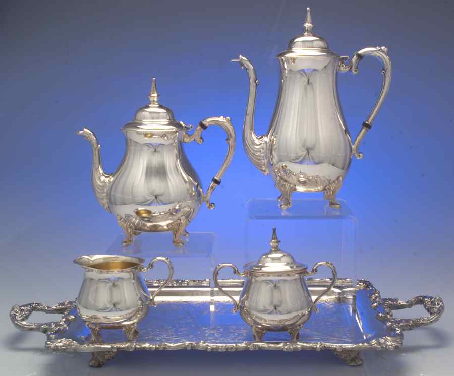 SDN15 (Silverplate, Hollowware) 5-Piece Silverplate Tea Set (with Tray) by Sheridan Silver Co-1