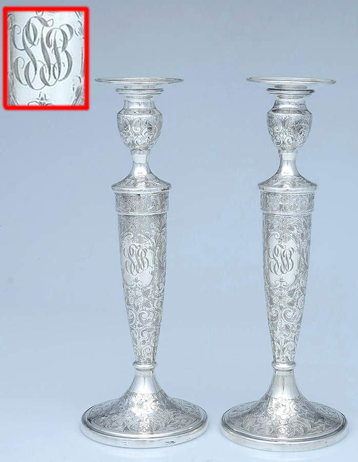 Lorraine (Sterling, Hollowware) Pair of Weighted Candlesticks with Bobeche by Schofield-1