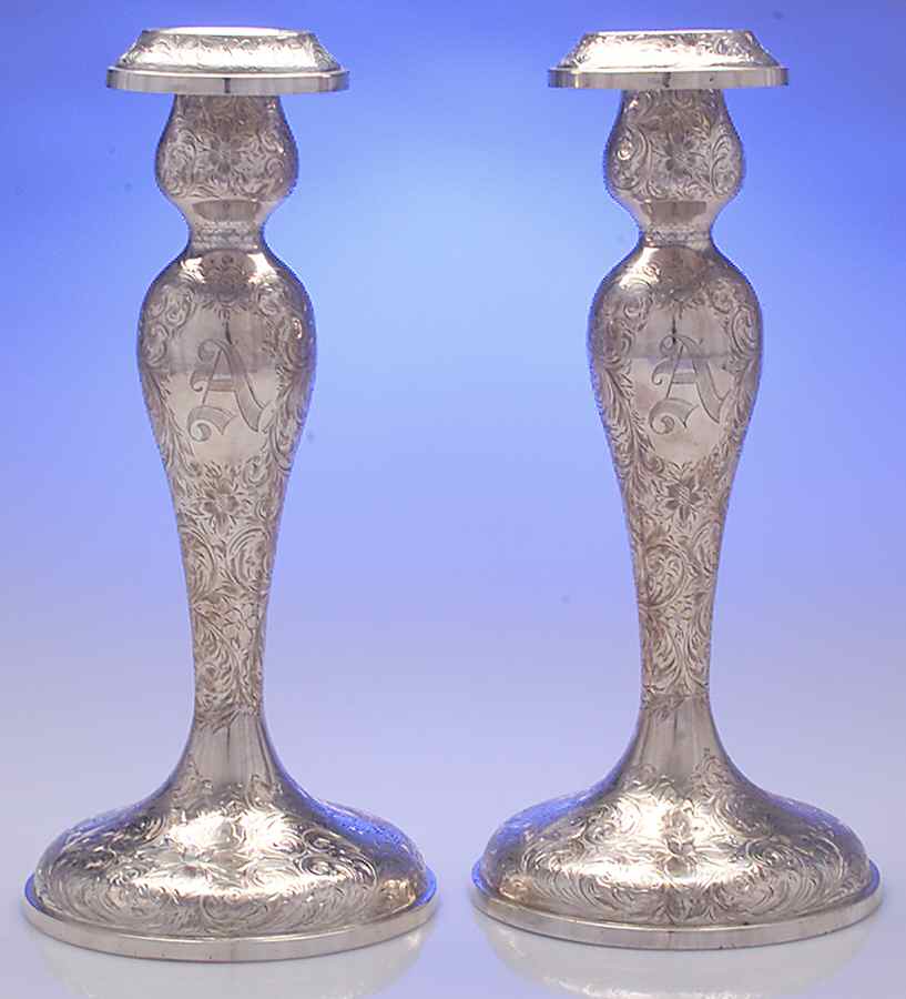 Lorraine (Sterling, Hollowware) Pair of 11" Weighted Candlesticks by Schofield-1