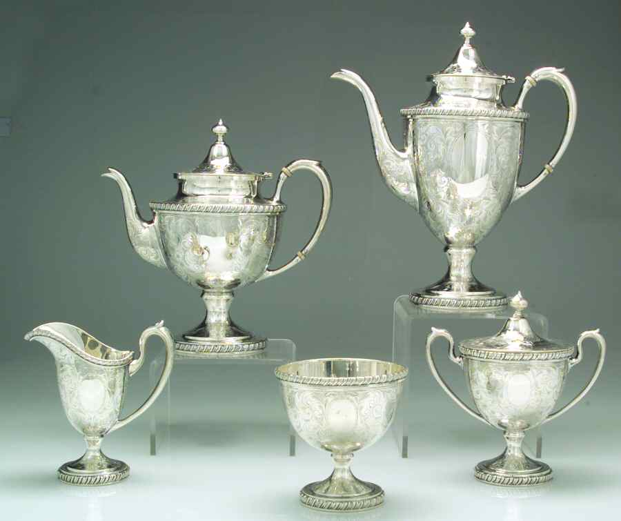 Lorraine (Sterling, Hollowware) 5 Piece Tea Set (SCP, STP, SCR, SSU, SWB) by Schofield-1