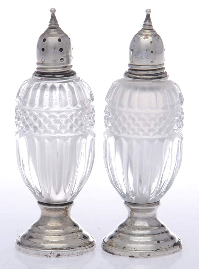 Sterling Hollowware Crystal Salt & Pepper Set w/Sterling Lid & Stand by Sheffield Silver Co (USA)-1