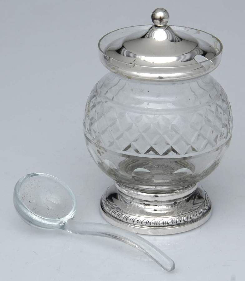 Sterling Hollowware Crystal Jam Jar with Sterling Lid & Spoon by Sheffield Silver Co (USA)-1