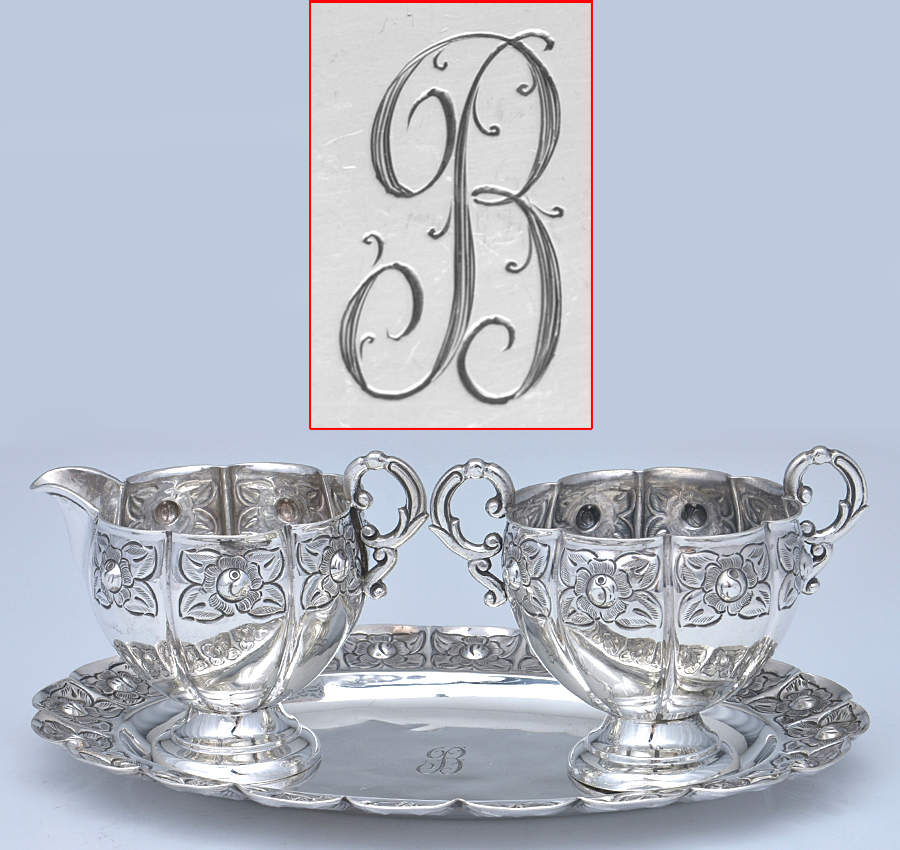 Aztec Rose (Sterling, Hollowware) Mini Creamer, Open Sugar & Tray Set by Sanborns (Mexico)-1