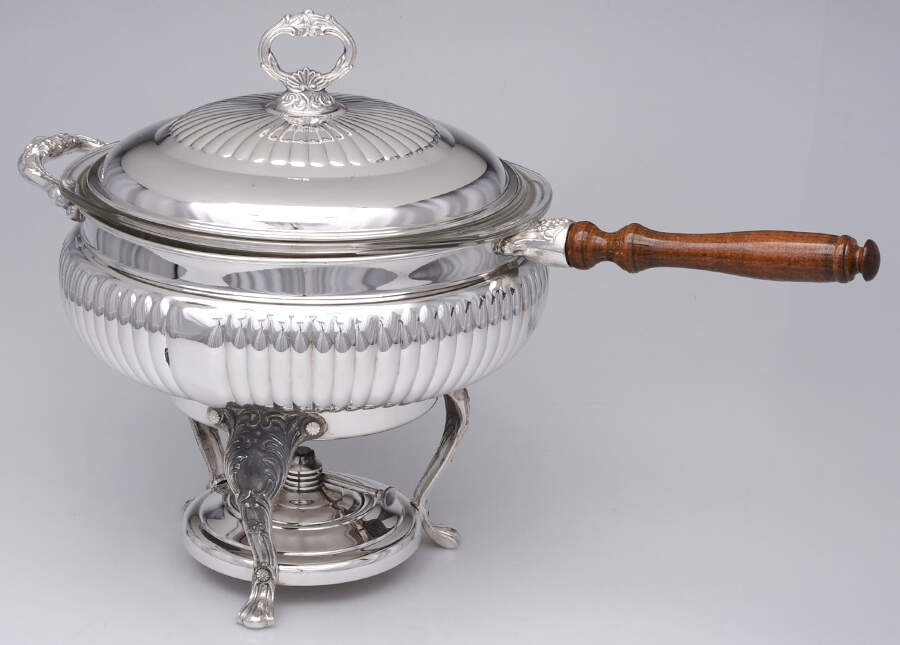 457E (Silverplate, Hollowware) Chafing Dish & Lid, Stand, Glass Liner by Sheridan Silver Co-1