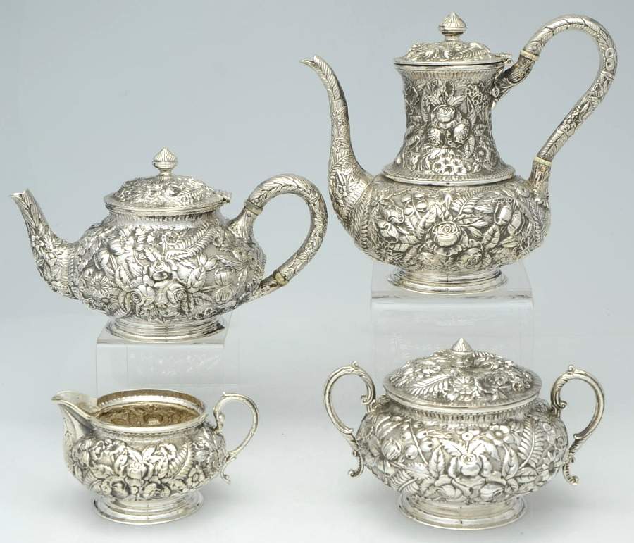 Baltimore Rose (Sterling, 1905, Hollowware) 4 Piece Tea Set (SCP, STP, SCR, SSU) by Schofield-1