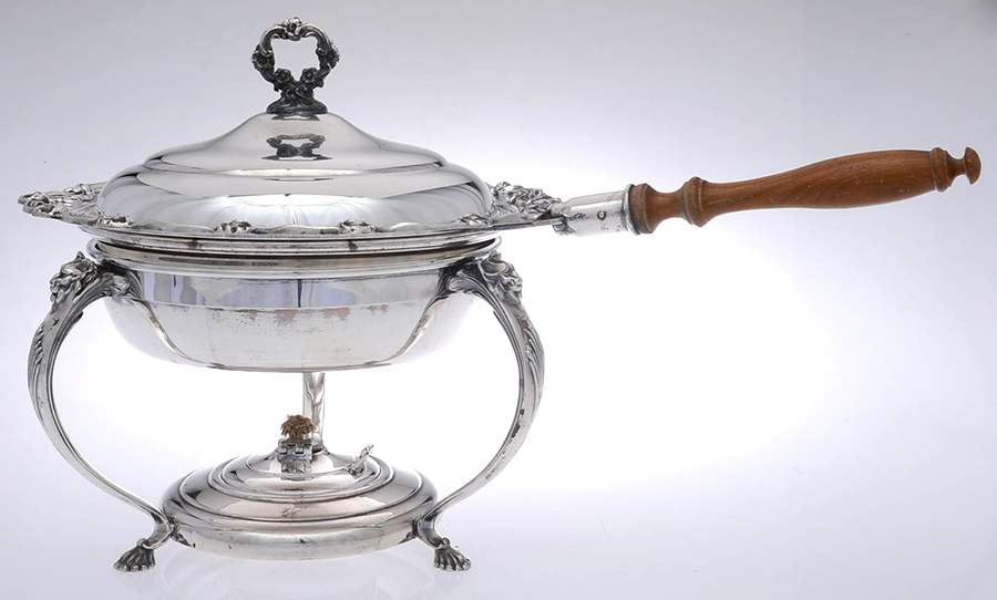 Queen Elizabeth (Silverplate, Hollowware) Chafing Dish W/Lid, Burner & Stand by Sheridan Silver Co-1