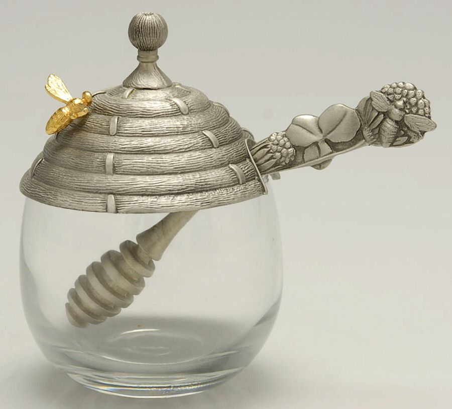 Pewter Hollowware Glass Honey Jar with Beehive Lid & Dipper by Salisbury Inc-1