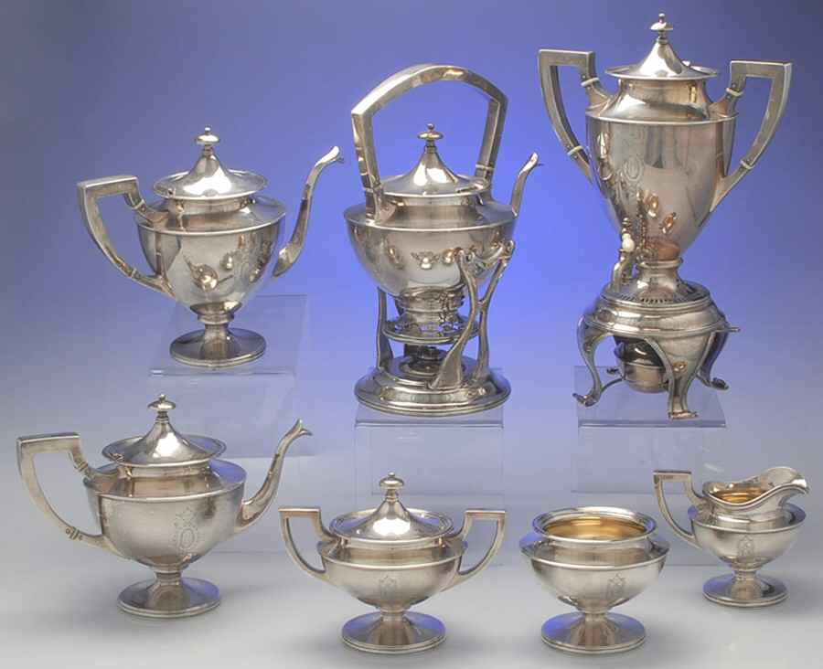 Adam (Strl, Hlwr, Urn & Swag, Plain) 7 Piece Tea Set (SCP, STP, SCR, SSU, SWB, SKES & URN) by Shreve Silver-1