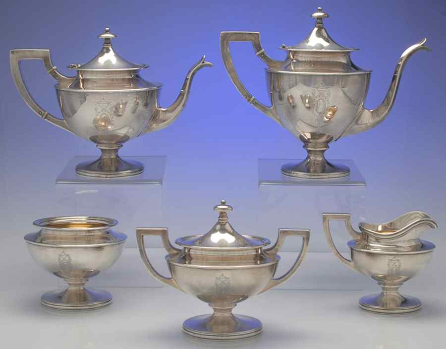 Adam (Strl, Hlwr, Urn & Swag, Plain) 5 Piece Tea Set (SCP, STP, SCR, SSU, SWB) by Shreve Silver-1