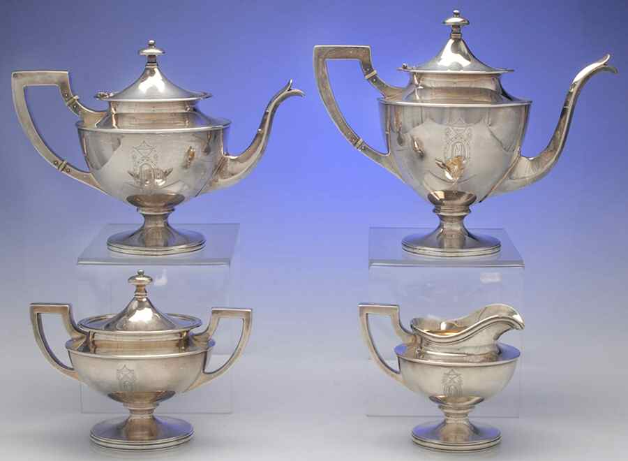 Adam (Strl, Hlwr, Urn & Swag, Plain) 4 Piece Tea Set (SCP, STP, SCR, SSU) by Shreve Silver-1