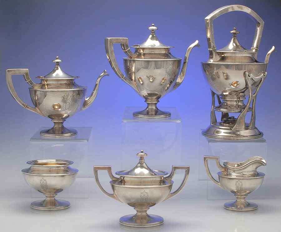 Adam (Strl, Hlwr, Urn & Swag, Plain) 6 Piece Tea Set (SCP, STP, SCR, SSU, SWB, SKES) by Shreve Silver-1