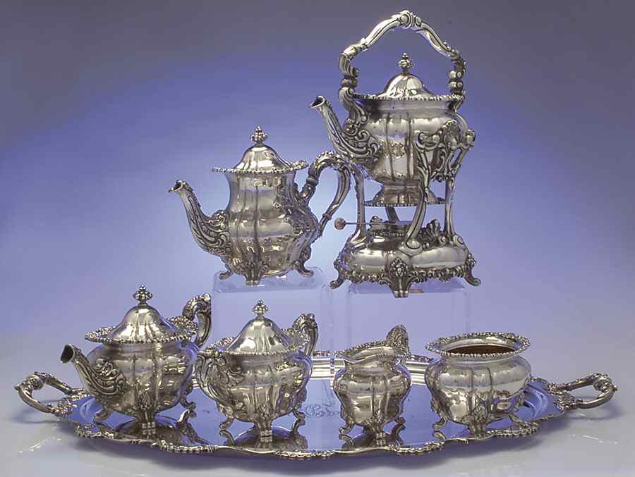 805 (Sterling, Hollowware) 7 Piece Tea Set (SCP, STP, SCR, SSU, SWB, SKES & WTL) by Shreve Crump & Low-1