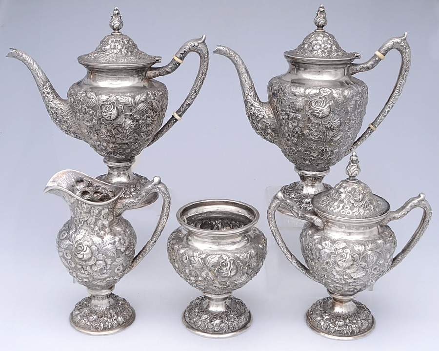 Baltimore Rose (Strl, 1905, Hollowware) 5 Piece Tea Set (SCP, STP, SCR, SSU, SWB) by Schofield-1