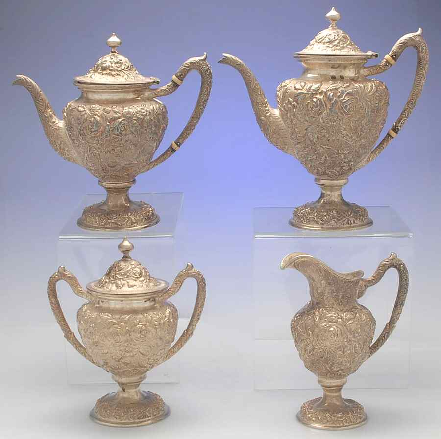Baltimore Rose (Strl, 1905, Hollowware) 4 Piece Tea Set (SCP, STP, SCR, SSU) by Schofield-1