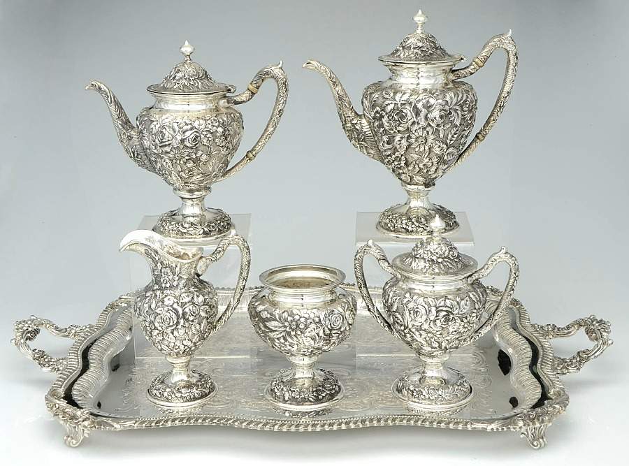 Baltimore Rose (Strl, 1905, Hollowware) 6 Piece Tea Set (SCP, STP, SCR, SSU, SWB, PWT) by Schofield-1