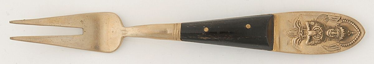 Siam (Brass)-Black Handle, Sitting Buddha Short Handle Pickle/Olive Fork by Unknown Mfg Silver-1