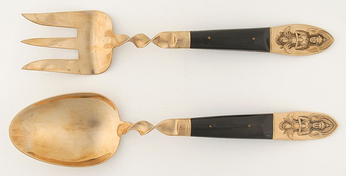 Siam (Brass)-Black Handle, Sitting Buddha 2 Piece Salad Set Solid Piece w/Twisted Handle by Unknown Mfg Silver-1