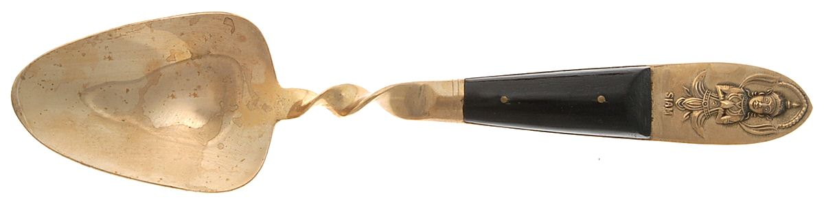 Siam (Brass)-Black Handle, Sitting Buddha Salad Serving Spoon, Solid Piece W/Twisted Handle by Unknown Mfg Silver-1