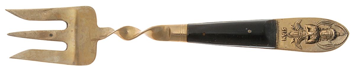 Siam (Brass)-Black Handle, Sitting Buddha Salad Serving Fork, Solid Piece W/Twisted Handle by Unknown Mfg Silver-1