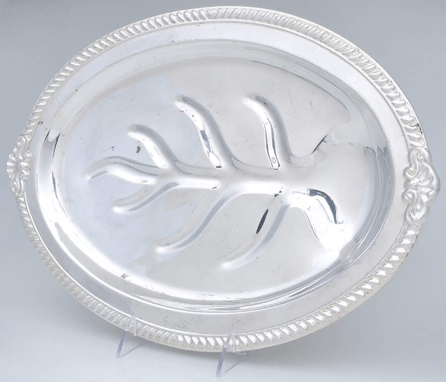 Shell & Gadroon (Silverplate, Hollowware) 16" 4 Toed Meat Platter with Well by Sheridan Silver Co-1