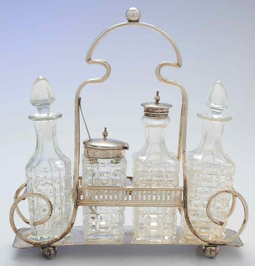Silverplate Hollowware Cruet Set-4 Crys Bottles W/Std by Superior-1