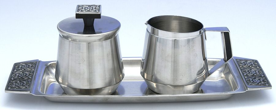 Velvet (Stainless, Hollowware) Creamer, Sugar & Lid with Tray Set by Stanley Roberts-1