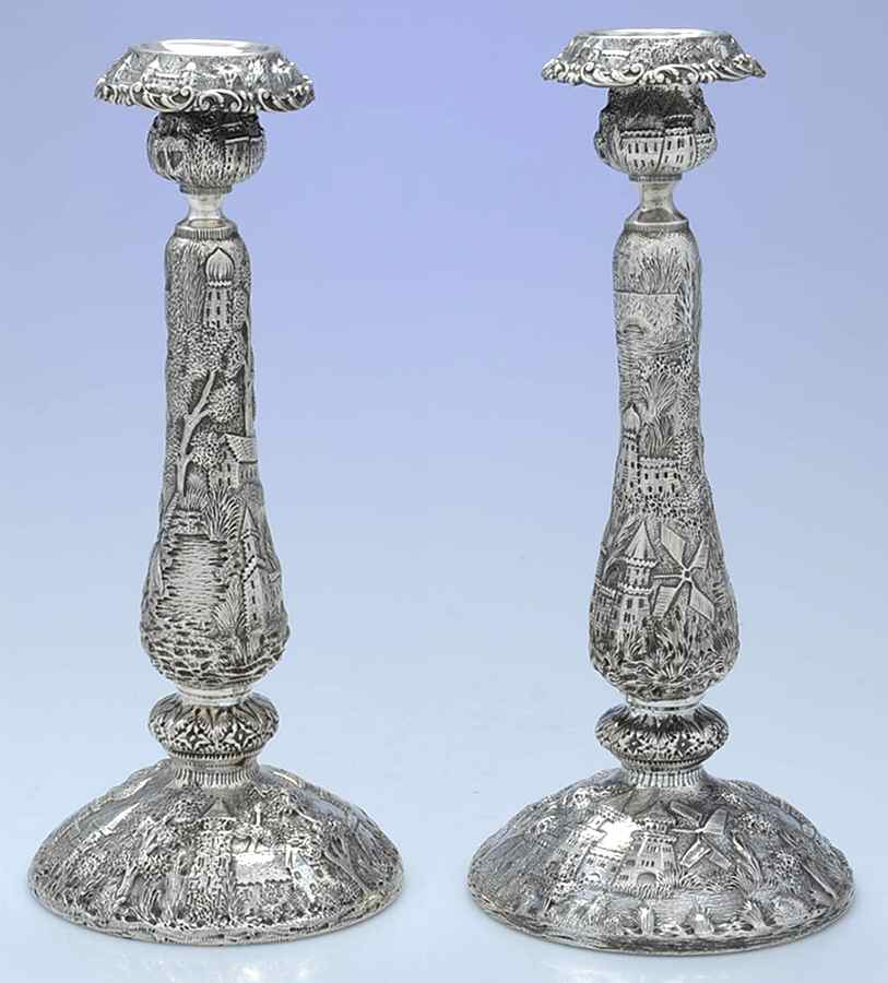 Baltimore Rose Landscape (Sterling, Hollowware) Pair of 12" Weighted Candlesticks by Schofield-1