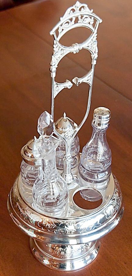 201 (Silverplate, Hollowware) Cruet Set (5 Crystal Bottles with Stand) by Simpson Hall & Miller-1